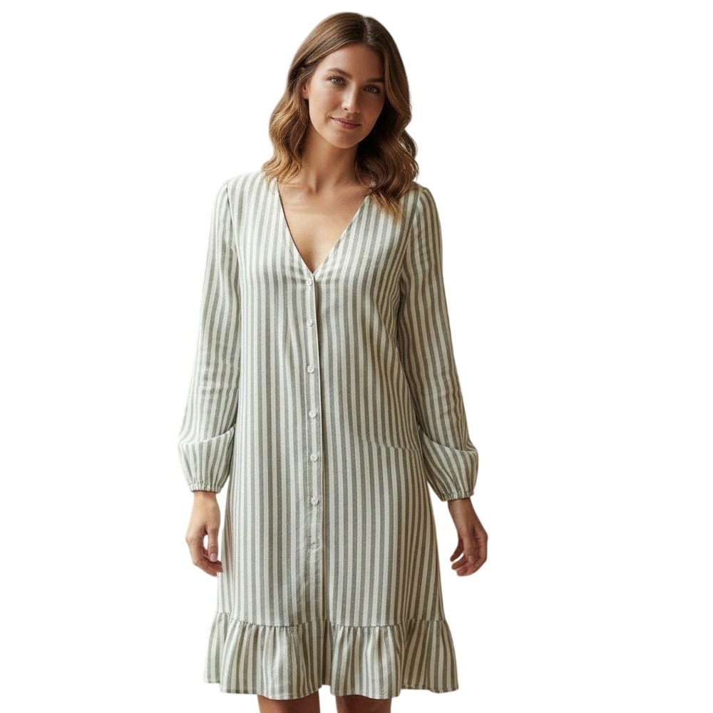 PrettyLittleThing Sage Green Stripe Pleated Button Through Smock Dress US 4